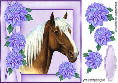 Pretty Palomino Horse with Lilac Chrysanthemums 8x8