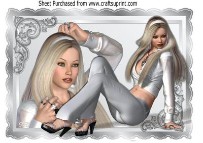 Pretty Lady in Silver Posing in Ornate Frame A4