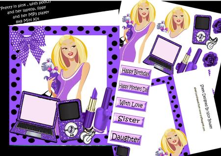 Trendy Lady in Purple with Her Laptop & Makeup 8x8 Mini Kit