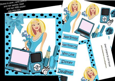 Trendy Lady in Turq with Her Laptop & Makeup 8x8 Mini Kit