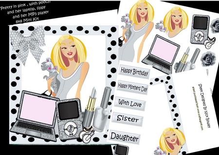 Trendy Lady in Silver with Her Laptop & Makeup 8x8 Mini Kit