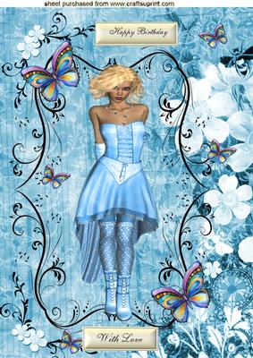 Pretty Lady in Blue with Rainbow Butterflies A4 Topper