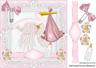 Stork with Sweet Baby Girl and Her Bottle 8x8