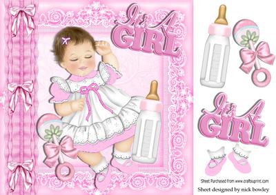 Sleeping Baby Girl with Her Bottle and Rattle 8x8