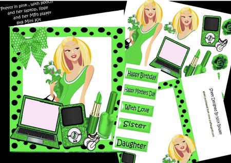 Trendy Lady in Green with Her Laptop & Makeup 8x8 Mini Kit
