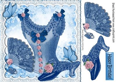 Beautiful Blue Vintage Ladies Basque and Fan 8x8