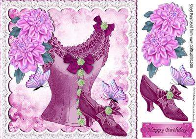 Vintage Pink Basque with Flowers and Shoes on Lace 8x8