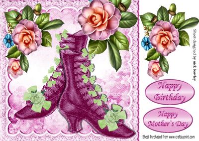 Pink Vintage Lace and Bow Boots with Peach Roses 8x8