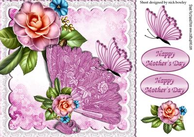 Vintage Pink Lace Fan with Butterflies & Roses 8x8
