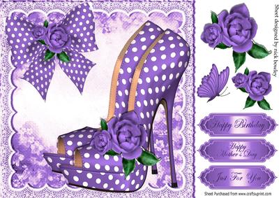 Pretty Purple Polka Dot Shoes with Roses and Bow 8x8