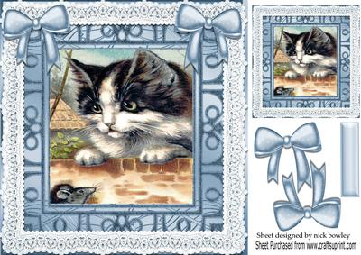Cute Kitty with Mouse! Card Front and Topper 8x8