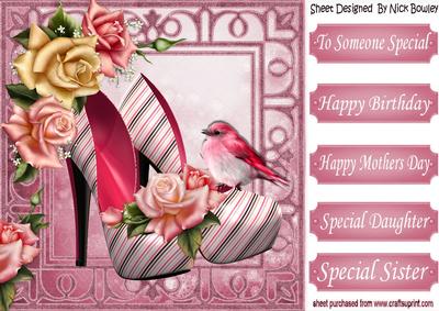 Pretty Pink Striped Shoes with Roses & Bird 8x8