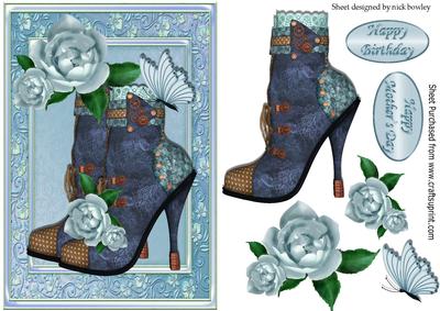 Blue Lace Vintage Boot with Painted Blue Roses