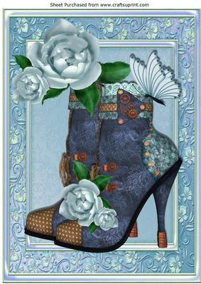 Blue Lace Vintage Boot with Painted Blue Roses A4