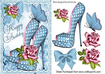 Pretty Blue Polka Dot Shoe, with Pink Roses for Birthday