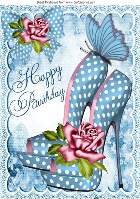 Pretty Blue Polka Dot Shoe, with Pink Roses for Birthday A4