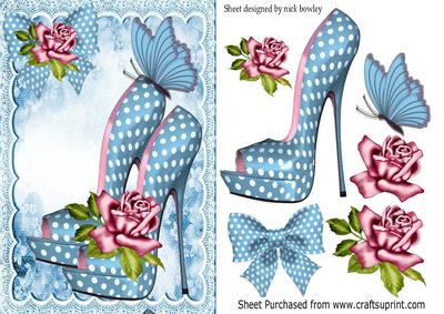 Pretty Blue Polka Dot Shoe with Roses & Butterfly