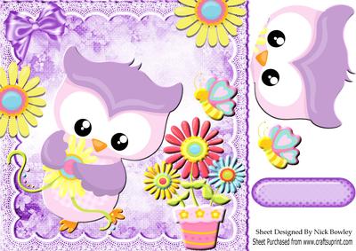 Cute Little Purple Owl with Flowers & Butterfly 8x8