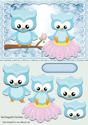 Cute Owls Sitting on a Branch and Flower
