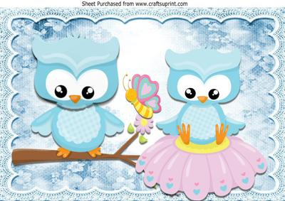 Cute Owls Sitting on a Branch and Flower A4