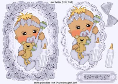 Baby Girl in Silver on Lace with Her Teddy & Bottle