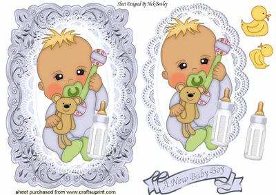 Baby Boyl in Silver on Lace with His Teddy & Bottle
