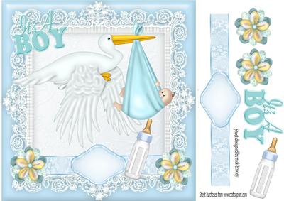 Baby Boy Carried by a Stork with His Bottle 8x8