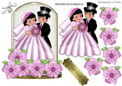 Wedding Couple with Pink Flowers and Ring, in Glass Dome