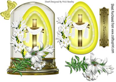 Pretty Gold Cross with Shawl and White Lillies in Glass Dome