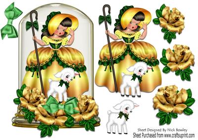 Little Bo Peep, with Her Little Lamb, Gold Rose & Bow