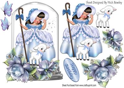 Little Bo Peep, with Her Little Lamb, Blue Rose & Bow