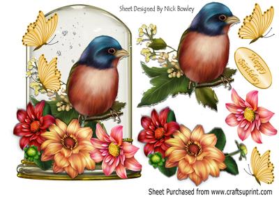 Pretty Bluebird, with Summer Flowers in Glass Dome