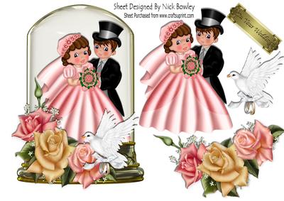 Bride and Groom in Glass Dome with Pink/peach Roses