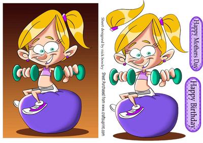 Cartoon Girl with Weights Sitting on a Bouncy Ball