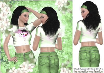 Pretty Girl Posing in Green Headband, Jeans & Flowers 8x8