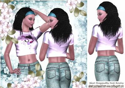 Pretty Girl Posing in Turq Headband, Jeans & Flowers 8x8