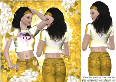 Pretty Girl Posing in Gold Headband, Jeans & Flowers 8x8