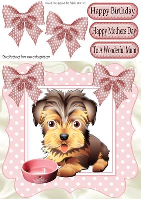 Cute Little Yorkshire Terrier with Princess Dish & Bows 8x8