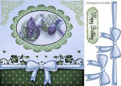 Blue Blooms with Big Bow and Ornate Corners 8x8