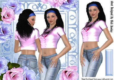 Modern Girl in Denim with Tropical Flowers 8x8