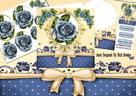 Blue Roses in Ornate Frame Oval Pyramids with Bow 8x8 Kit