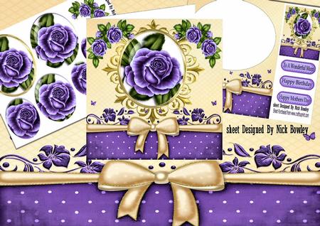 Purple Roses in Ornate Frame Oval Pyramids with Bow 8x8 Kit