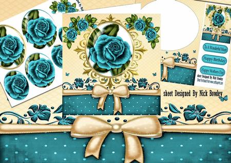 Turq Roses in Ornate Frame Oval Pyramids with Bow 8x8 Kit
