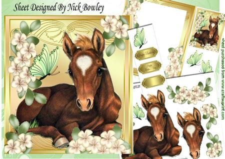Brown Foal Laying Down with Flowers & Butterflies 8x8 Kit