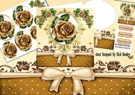 Gold Roses in Ornate Frame Oval Pyramids with Bow 8x8 Kit