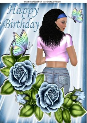 Pretty Girl with Blue Roses & Butterflies A4