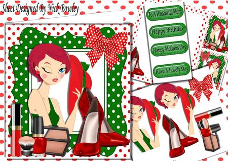 Trendy Lady in Green with Her Red Shoes and Makeup 8x8 Kit