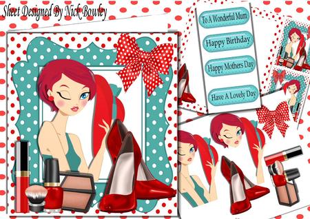 Trendy Lady in Turq with Her Red Shoes and Makeup 8x8 Kit