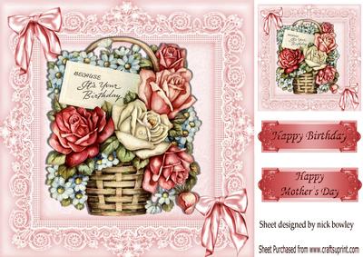 Basket of Pretty Pink and Cream Roses 8x8