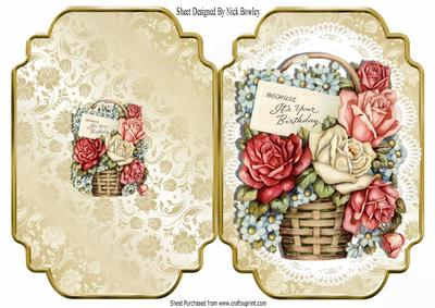 A Pretty Basket of Vintage Roses in a Basket on Lace